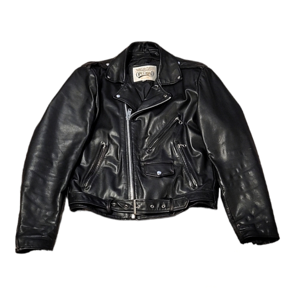 VTG OPEN ROAD LEATHER BLACK MOTORCYCLE JACKET SIZE 42